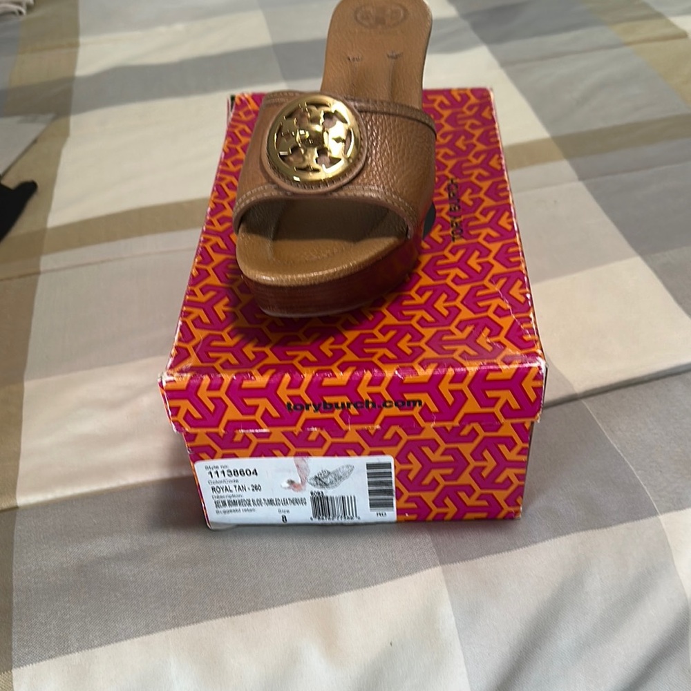 Tory Burch Brown Slides with Gold Emblem